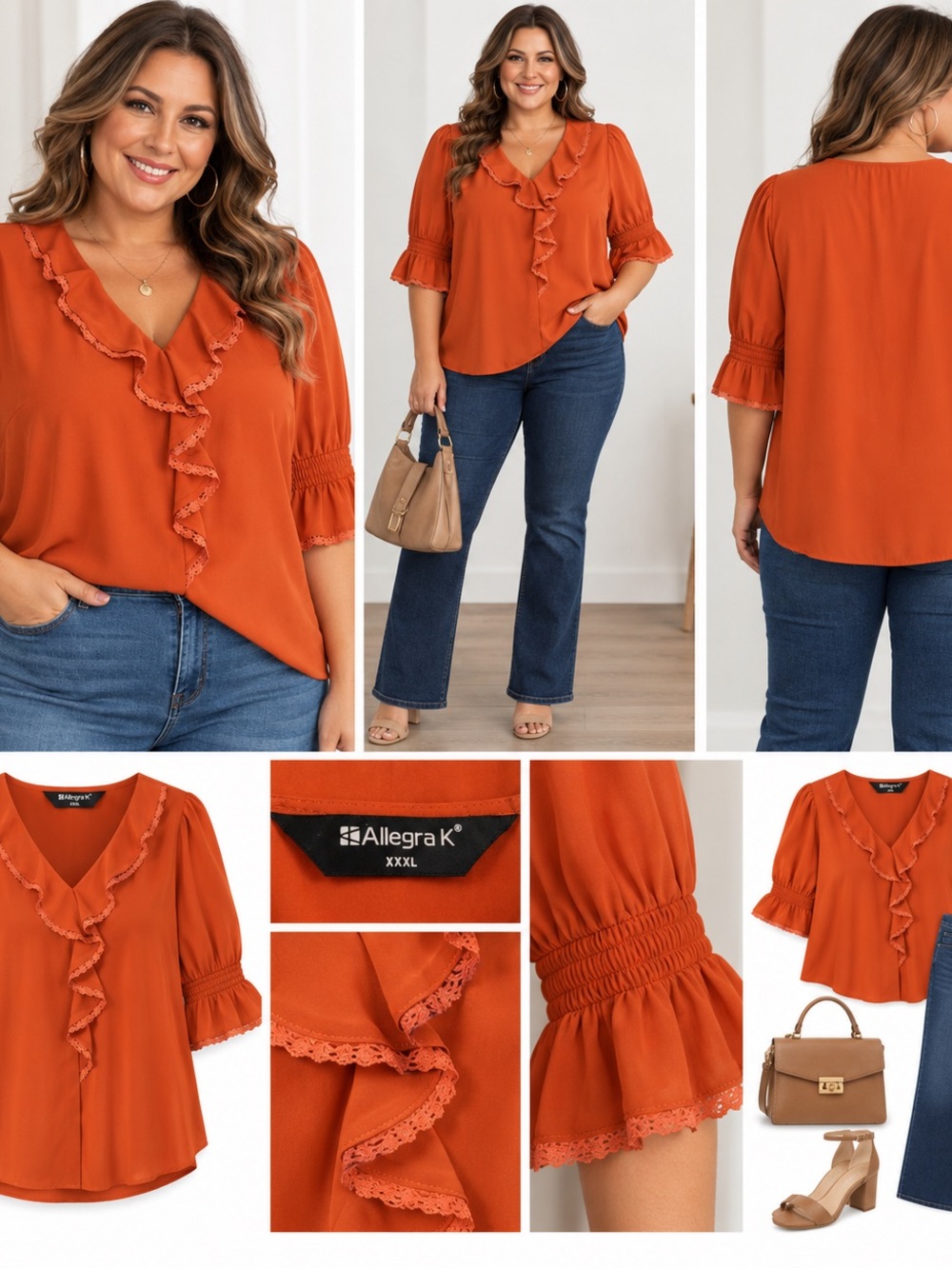 NWT Allegra K Burnt Orange Ruffle V-Neck Blouse